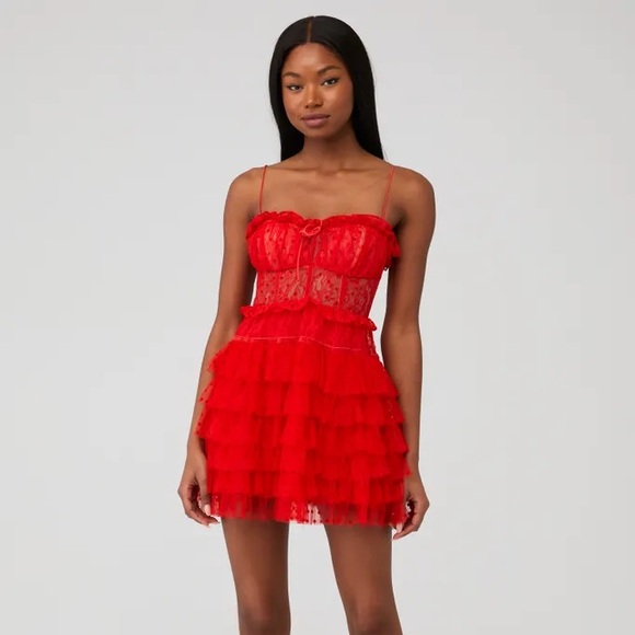 For Love and Lemons ๐๐๐ Jules Mini Dress in Red corset layered dress - Picture 7 of 9